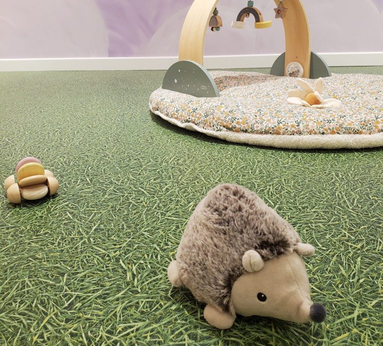 Le Royaume des Petits Rêveurs – Espace bébé (0 à 12 mois) Espace bébé avec tapis sensoriel et jeux doux favorisant l’éveil et la motricité en toute sécurité.